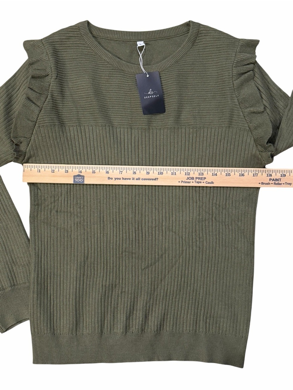 Deepself Olive Green Ruffle Shoulder Ribbed Knit Sweater Large - Picture 7 of 9